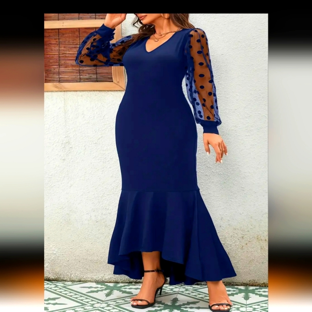 Elegant Navy Blue Dress with Sheer Polka Dot Sleeves